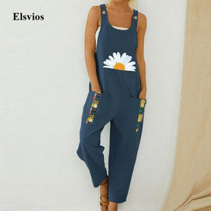 Women Loose Cotton Linen Jumpsuit Summer Floral Print Button Strappy Bodysuit Casual Backless Pocket Wide Leg Overall Romper 5XL