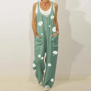 Women Loose Cotton Linen Jumpsuit Summer Floral Print Button Strappy Bodysuit Casual Backless Pocket Wide Leg Overall Romper 5XL