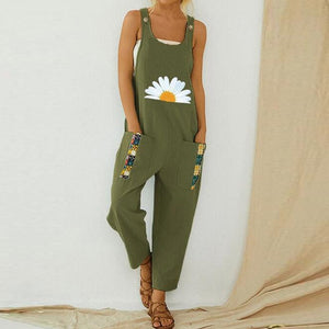 Women Loose Cotton Linen Jumpsuit Summer Floral Print Button Strappy Bodysuit Casual Backless Pocket Wide Leg Overall Romper 5XL