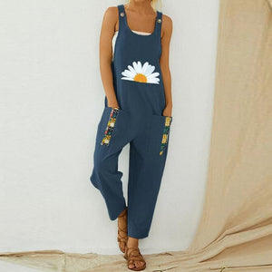 Women Loose Cotton Linen Jumpsuit Summer Floral Print Button Strappy Bodysuit Casual Backless Pocket Wide Leg Overall Romper 5XL