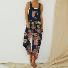 Load image into Gallery viewer, Women Loose Cotton Linen Jumpsuit Summer Floral Print Button Strappy Bodysuit Casual Backless Pocket Wide Leg Overall Romper 5XL
