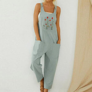 Women Loose Cotton Linen Jumpsuit Summer Floral Print Button Strappy Bodysuit Casual Backless Pocket Wide Leg Overall Romper 5XL