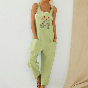 Women Loose Cotton Linen Jumpsuit Summer Floral Print Button Strappy Bodysuit Casual Backless Pocket Wide Leg Overall Romper 5XL