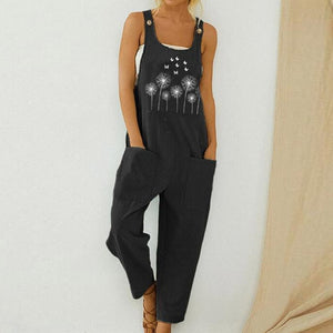 Women Loose Cotton Linen Jumpsuit Summer Floral Print Button Strappy Bodysuit Casual Backless Pocket Wide Leg Overall Romper 5XL