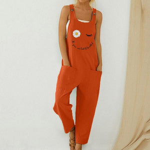 Women Loose Cotton Linen Jumpsuit Summer Floral Print Button Strappy Bodysuit Casual Backless Pocket Wide Leg Overall Romper 5XL