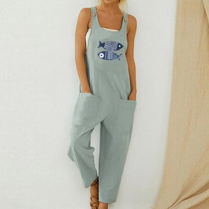 Women Loose Cotton Linen Jumpsuit Summer Floral Print Button Strappy Bodysuit Casual Backless Pocket Wide Leg Overall Romper 5XL