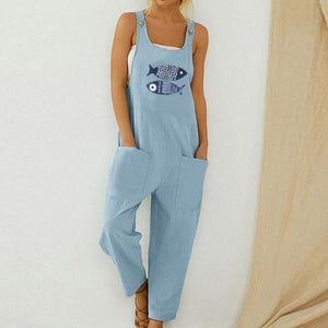 Women Loose Cotton Linen Jumpsuit Summer Floral Print Button Strappy Bodysuit Casual Backless Pocket Wide Leg Overall Romper 5XL